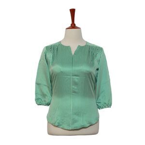 Womens Silky Blouse Green White Striped 3/4 Sleeve V-Neck Loose Casual Top Large
